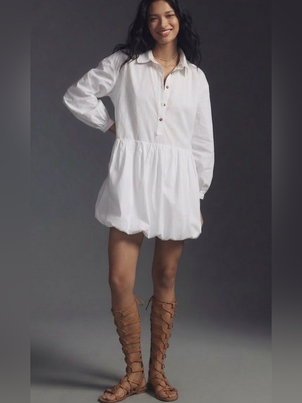 Anthropologie Maeve White Bubble Hem Shirt Dress Tunic Mini Cotton SM / EUC